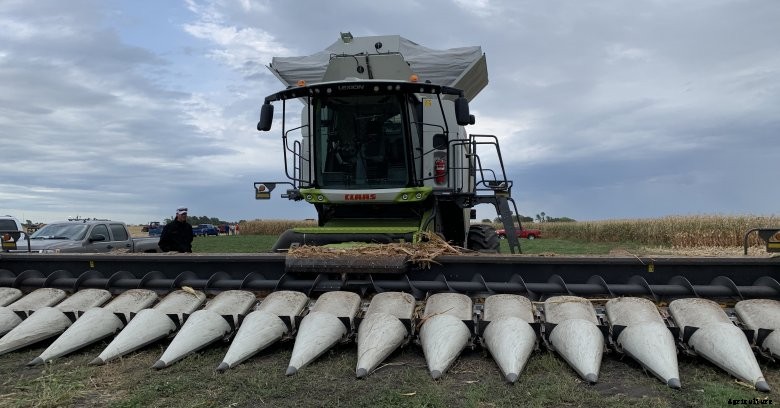 CLAAS combine on the edge of a corn field in Boone, Iowa